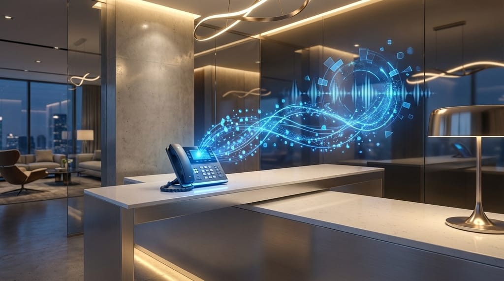 AI電話受付サービス LibertyCall - オフィスの受付電話からAIが応答するイメージ